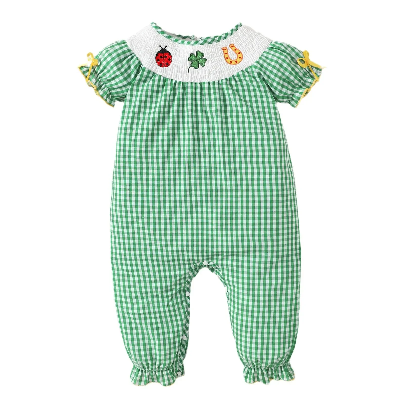 

Saint Patrick's Day Baby Rompers Plaid Girls Jumpsuits Insect Embroidery Baby Clothes Toddler Outfit