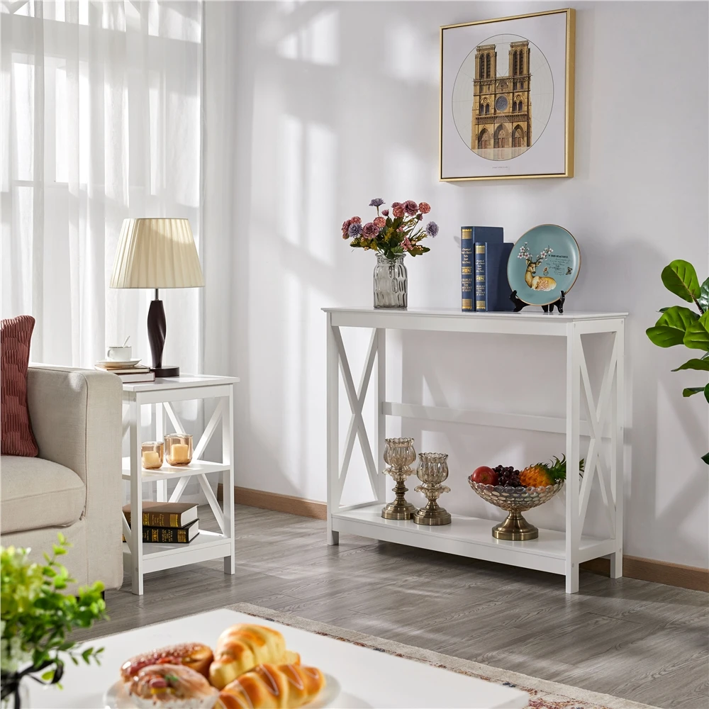 

2-Tier Wood Console Table with Shelf for Entryway or Living Room in White