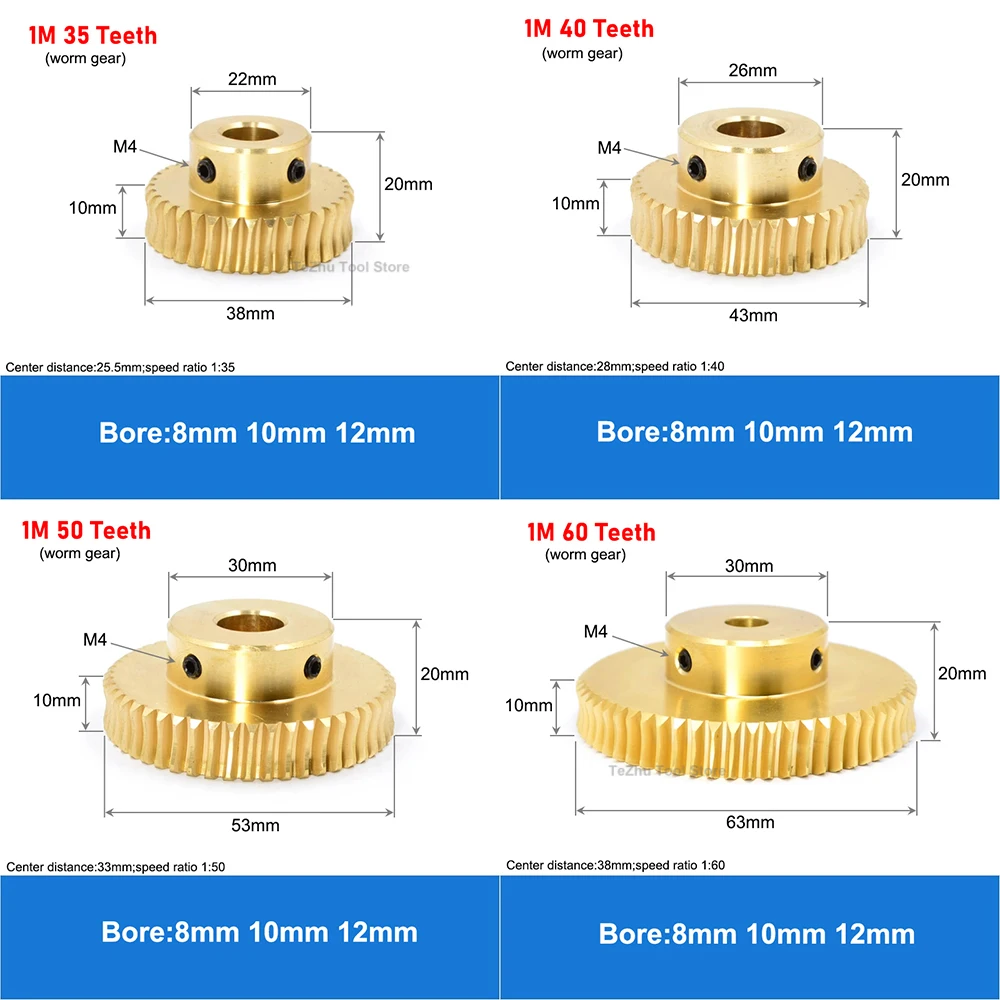 1Pcs 1M 15T-60T Brass Worm Gear Wheel Stainless Steel Worm Rod 1 Modulus 15 Teeth-60 Teeth Worm Gear Bore 5/6/8/10/12mm