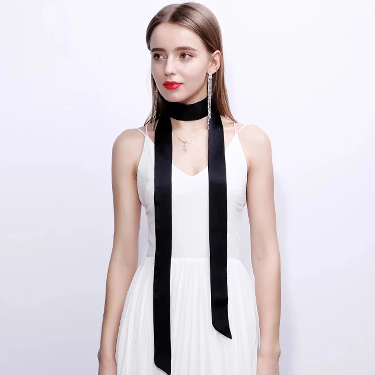 200*5cm Satin Silk Narrow Scarf Neckerchief Solid Neck Scarves Long Silk Thin Scarf Head Neck Hair Band Bag Ribbon Headbands DIY image 2