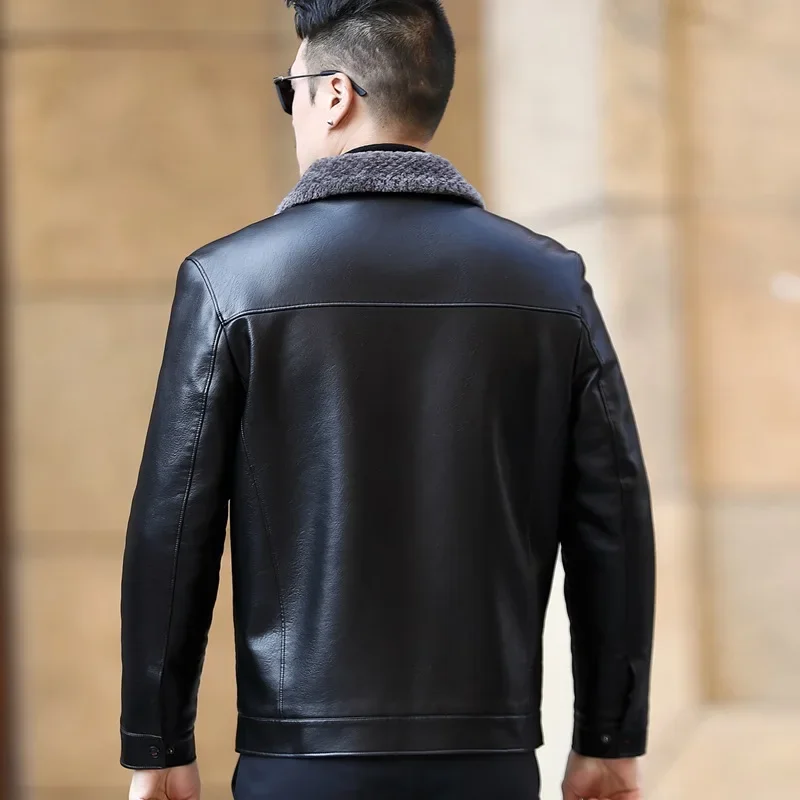 Men\'s Fur One Casual Thickened Motorcycle Jacket Mens Fashion Leather Jacket Male Plus Cashmere Sheep Leather Jacket Short Coat