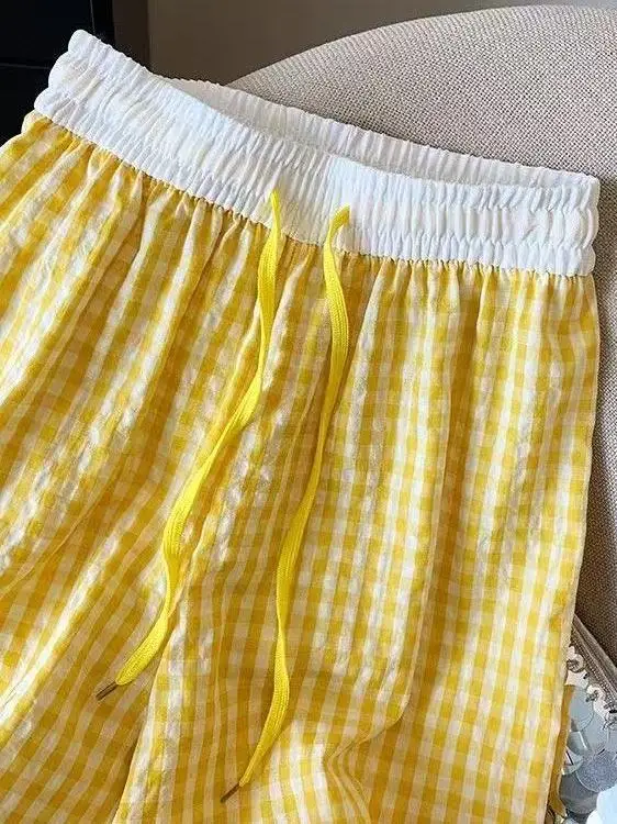 Taille haute Plaid pantalon à jambes larges femmes été nouveau Sle décontracté drapé glace soie pantalon à jambes larges trajet Sle Version coréenne