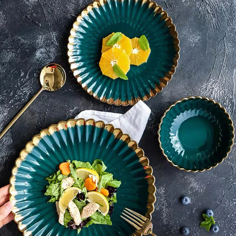 Green Ceramic Tableware Set Plates for Food Dinner Luxury Chrysanthemum Dishes Salad Soup Bowl Plates and Bowls Set Leaf Plates