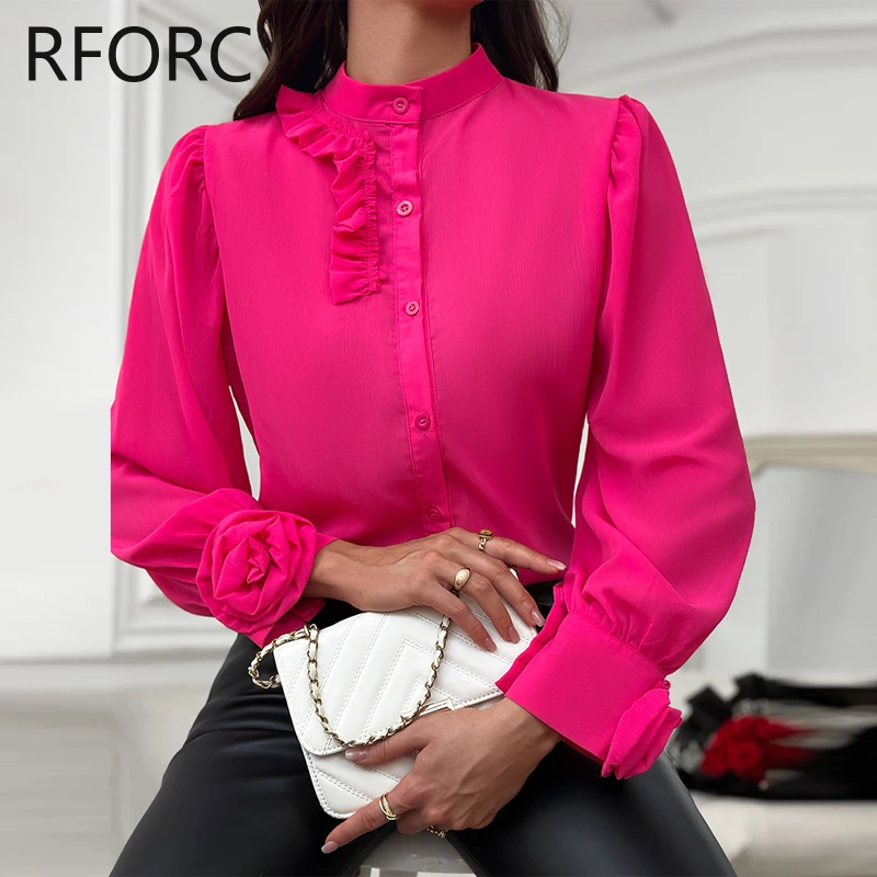 Blusa con estampado de hongos en el árbol para mujer, blusa con cuello levantado, decoración tridimensional Floral, rosa roja, 2023