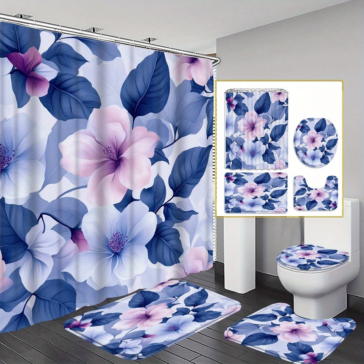 

4 шт. фиолетовый и синий набор для ванной комнаты с цветочным узором - занавеска для душа + коврик + чехол на сиденье унитаза, занавеска для душа