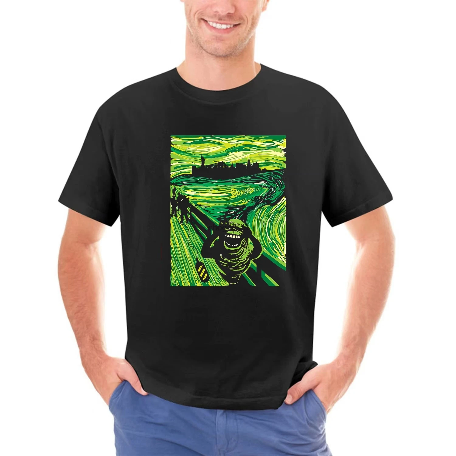 Slimer The Scream Ghostbuster Edvard Munch Art Parody Funny Black T-shirt S6XL(1)