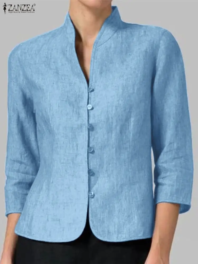 2025 ZANZEA النساء الخريف قمصان جينز 3/4 كم أزرار الخامس الرقبة أنيقة مكتب سيدة البلوزات بلوزات على الموضة الصلبة الإناث Blusas #3