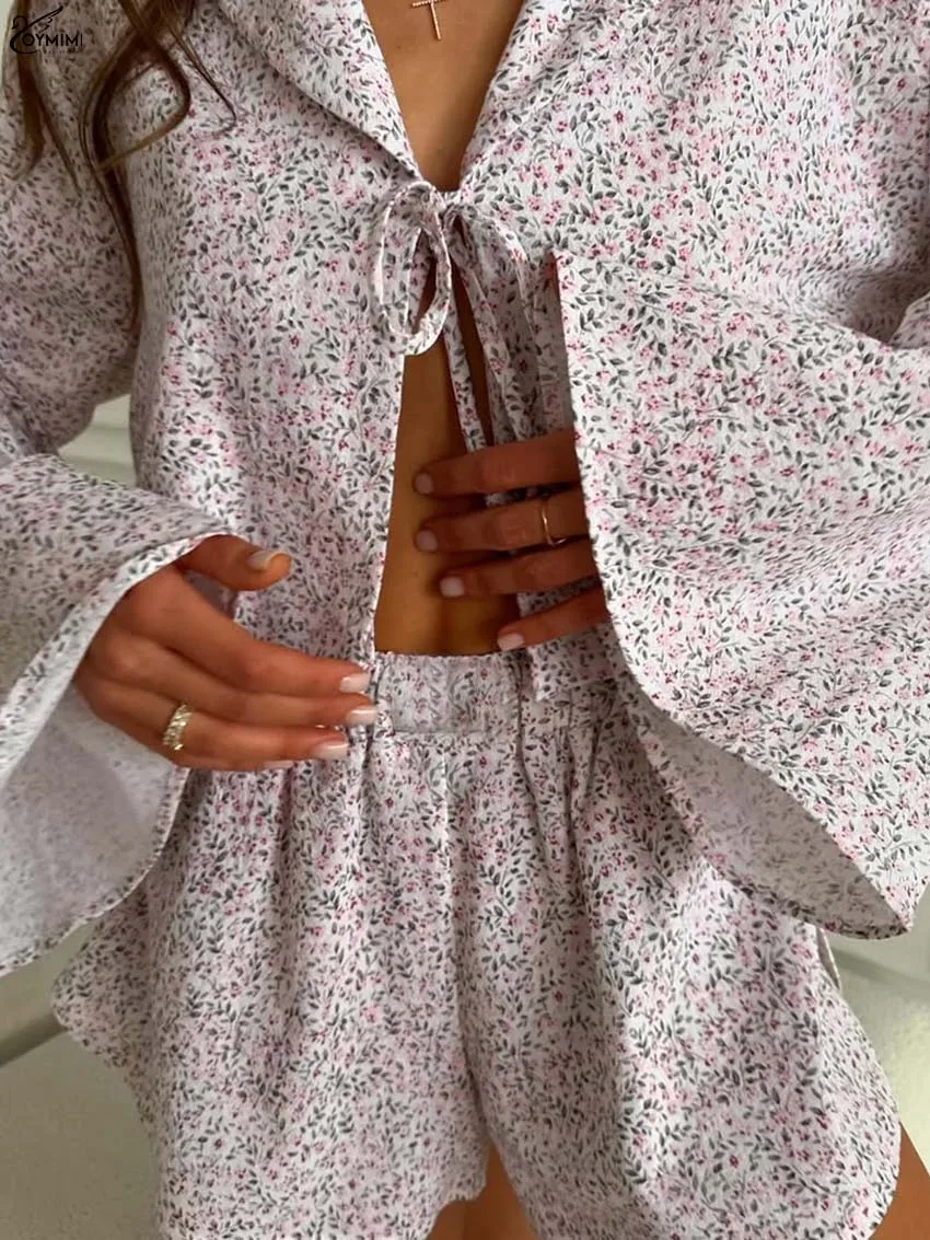 Oymimi Casual Pink Print 2 Pieces Set For Woman Fashion Lapel Long Sleeve Lace-Up Shirts And High Waisted Side Slit Shorts Sets