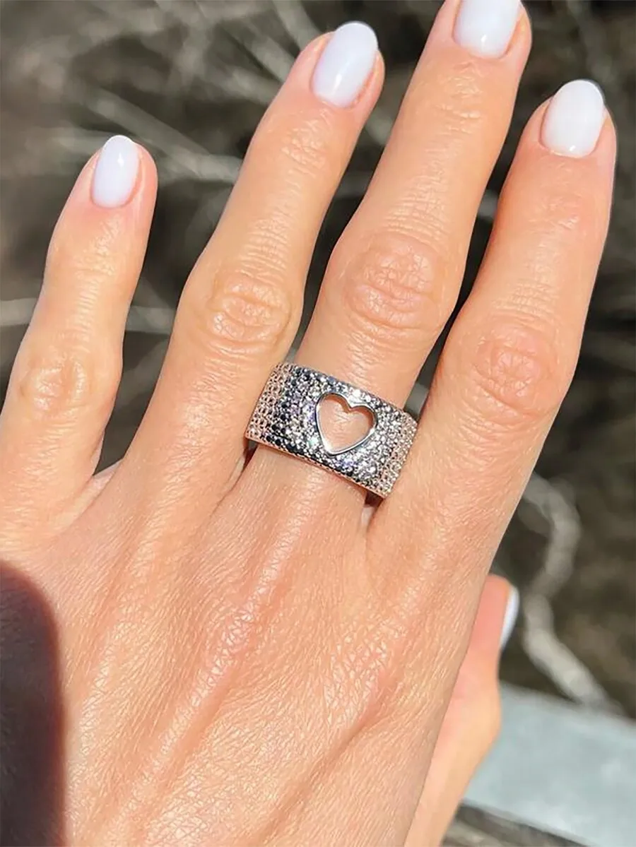 

Copper Hollow Heart Ring With Pave Crystal Accents, Elegant Fashion Jewelry For Women