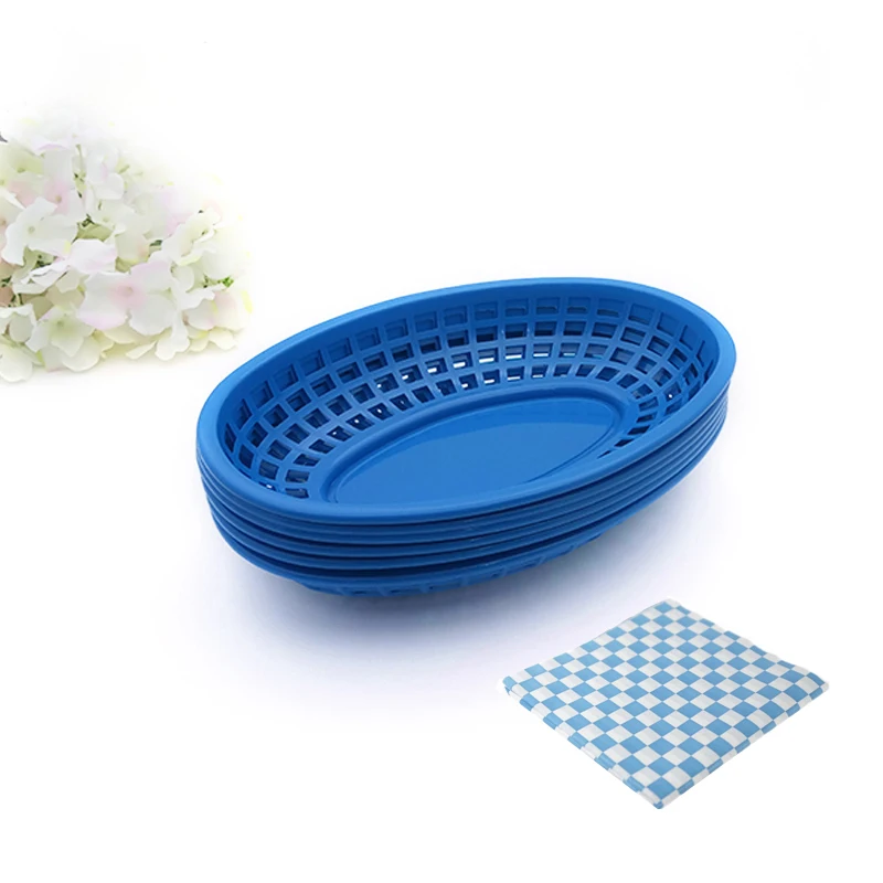 6pcs Red French Fries Basket Plastic Picnic Plates Blue Yellow Oval Fast Burger Serving Tray Dinner Bandeja Restaurant Supply