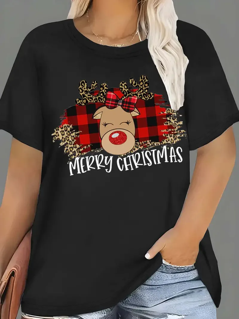 Cotton 100%  Women T Shirt Merry Christmas Leopard Smile Face Santa Hat Graphic Print Short Sleeve Ladies Holiday Casual Tee