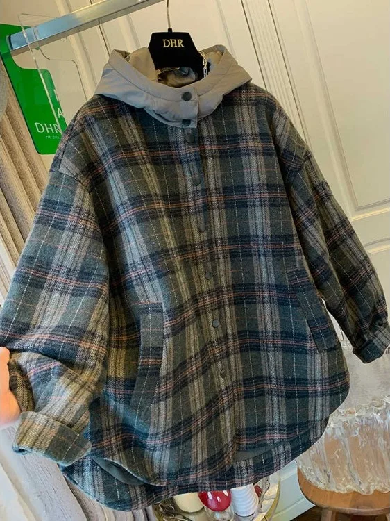 

Unique Plaid Woolen Hooded Casual Cotton Jaet Loose Women's Winter Coat Thiened Long Sve Korean Sle Online Exclusive