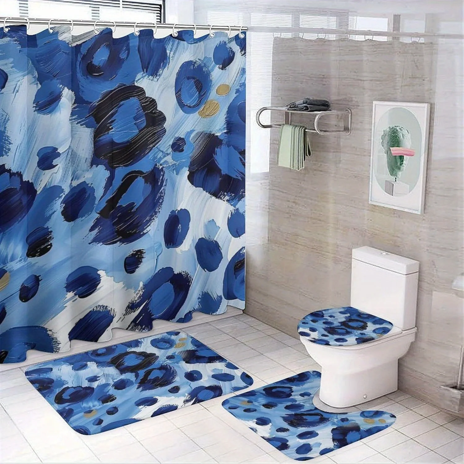 

4pcs Blue Leopard Print Shower Curtain Set with 12 Hooks, Non-Slip Bathroom Rug, Toilet Seat Cover, Bathroom Decor, Bath Mat