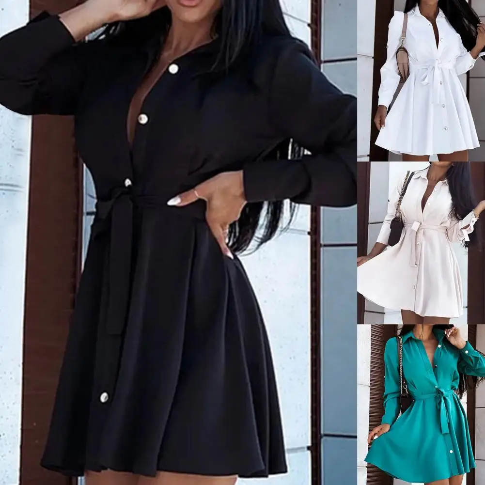 فستان قميص بصف واحد ، حزام ضيق ، أحادي اللون ، خفيف الوزن ، فستان مكتب مثير ، ملابس يومية ، خريف
