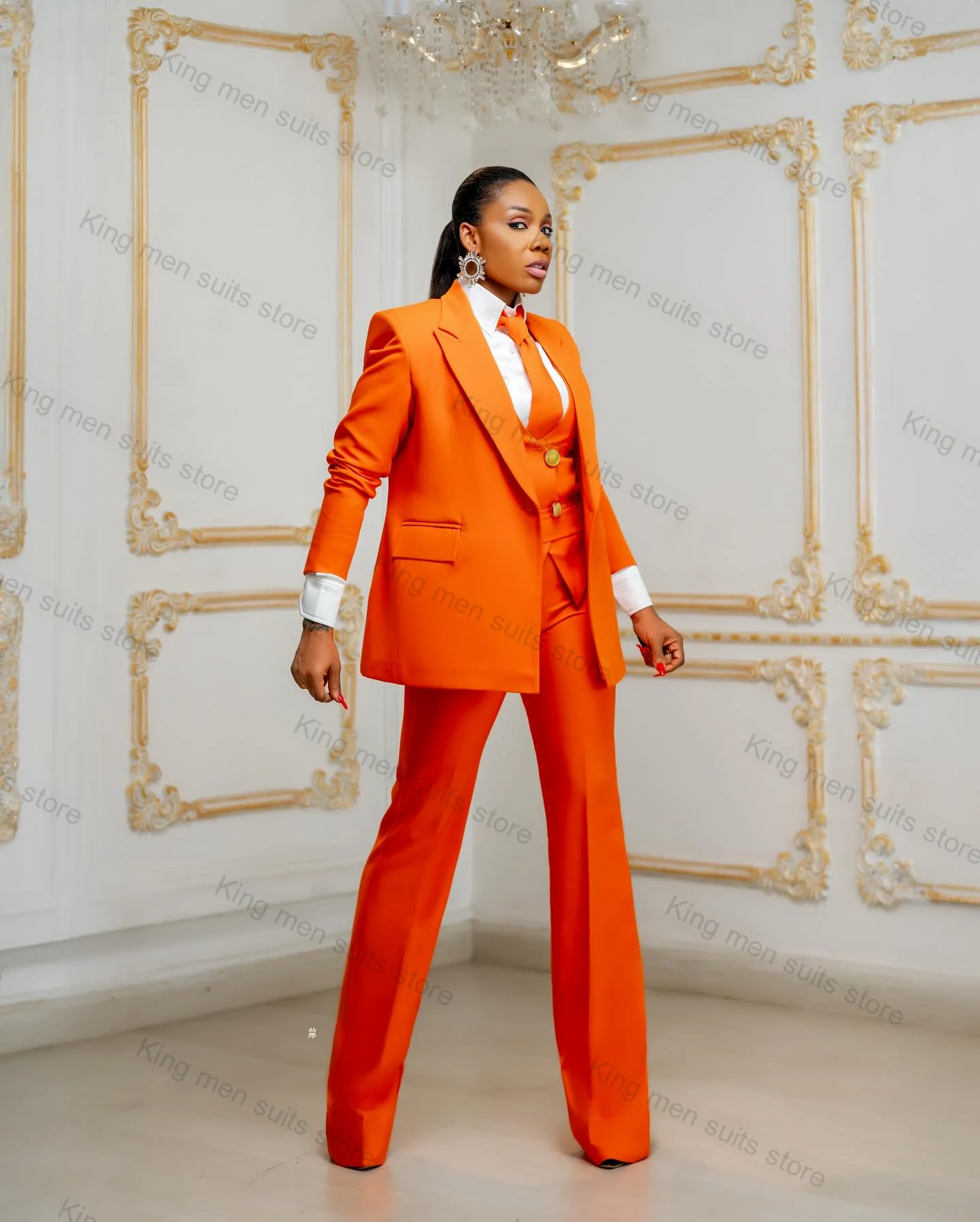 Orange Formal Women Suit set 3 Piece Blazer+Pants+Vest Custom Made Office Lady Wedding Tuxedos Jacket Cotton Prom Dress Coat