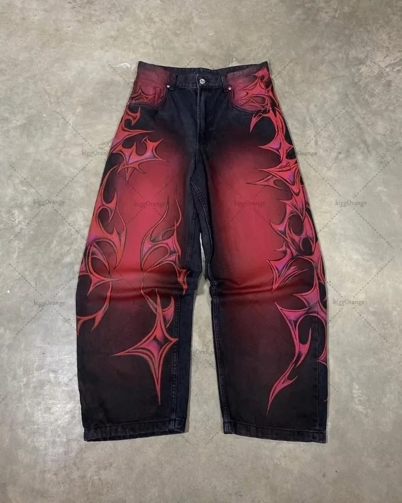 Y2K Loose Gothic Punk Pattern Printed Jeans Streetwear Hip-hop Straight Pants High Street Harajuku Retro Loose Casual Trousers