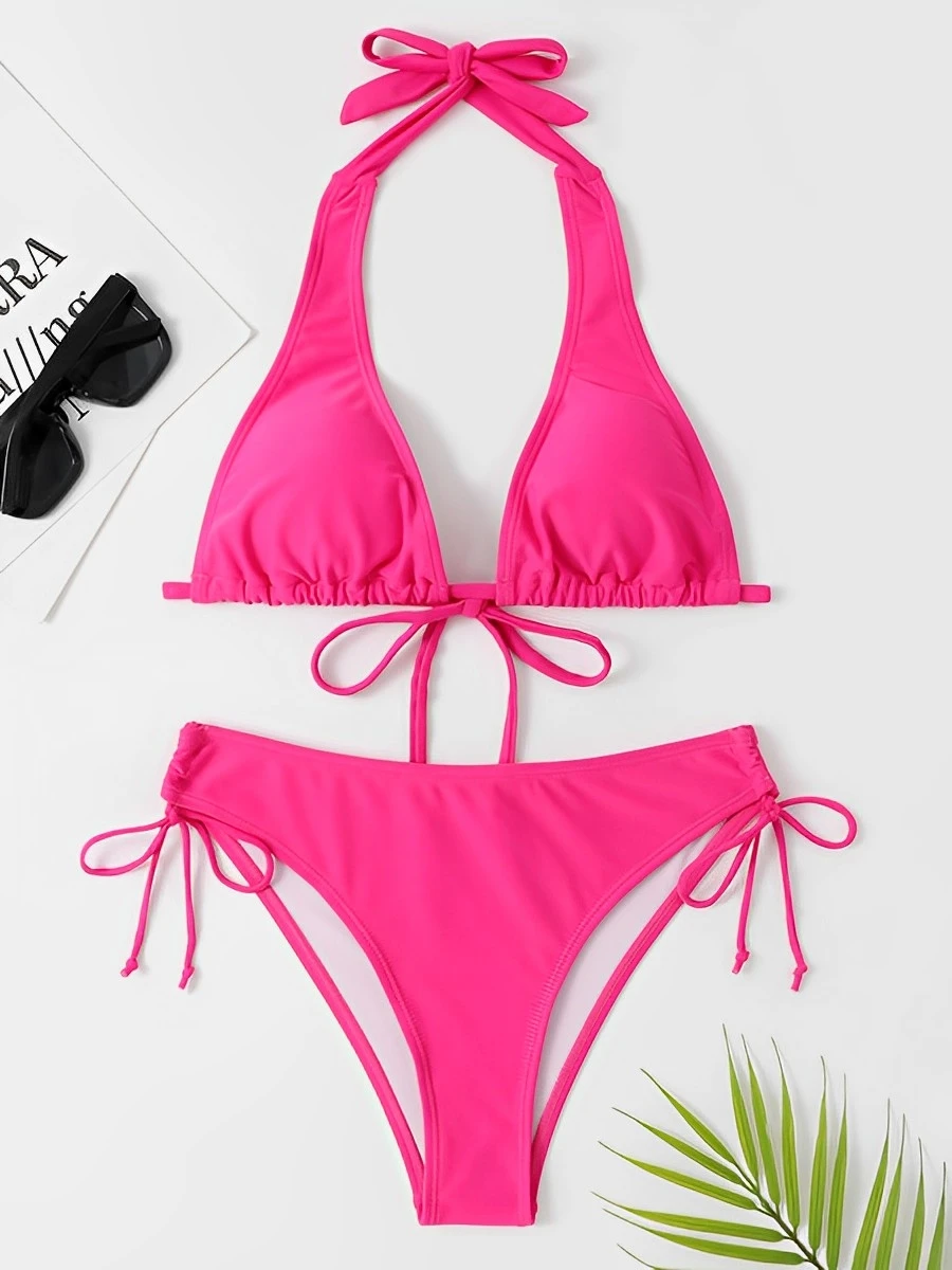 Conjunto de Bikini de dos piezas con cordón Halter para mujer, traje de baño femenino, bañadores sólidos, ropa de playa 2024