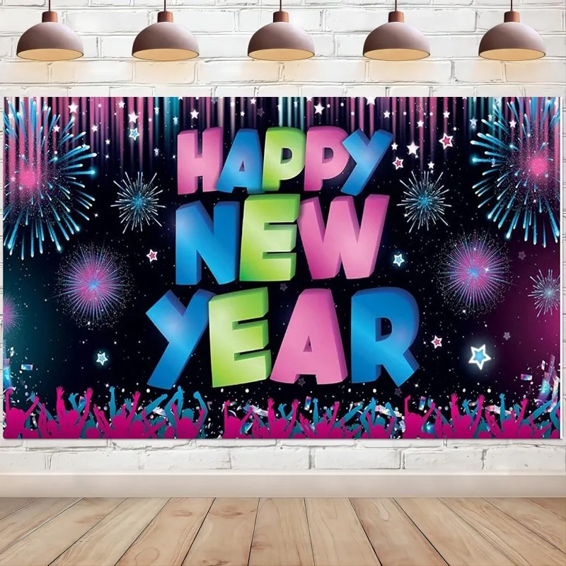 Neon Happy New Backdrop Banner Supplies Colorful Firework Dancing Background for Photography Party Decorations Photo Booth Props