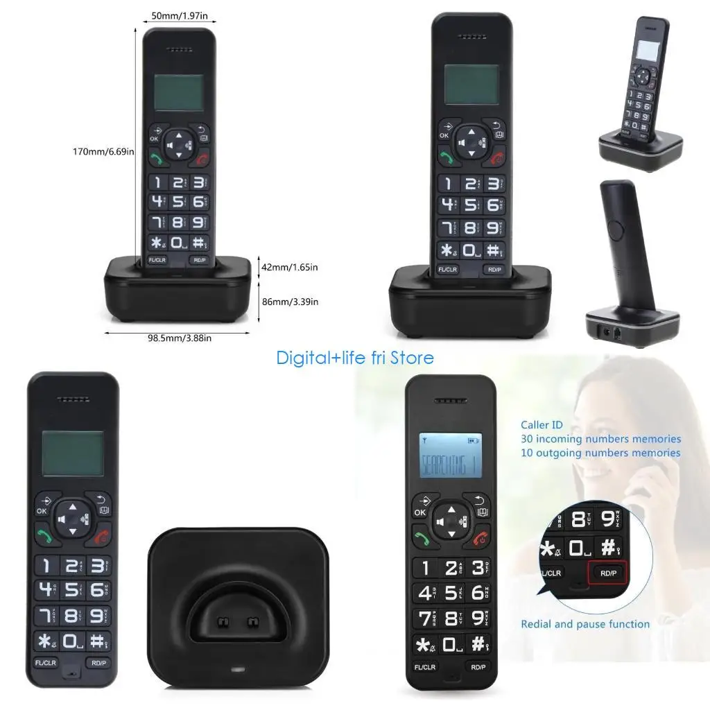 E06D D1102B Fixed Landline Wireless Telephone Stylish with Multi Languages Caller Display Backlit and Number Storage