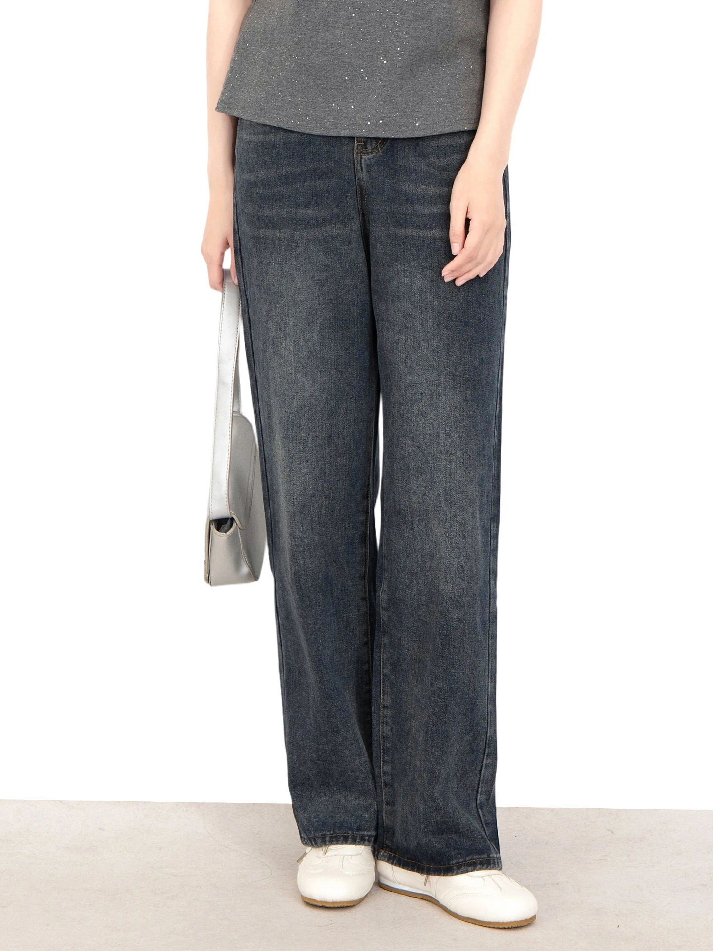 

plus Size Straight Leg Denim Jeans High Waist Pocket Detail Medium Stretch Non Elastic Loose Wide Leg Women's Hong Kong Style