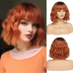 Synthetic Wigs Short Wave Orange Hair Bob Wigs with Bangs Curly Bob Wigs For Women Lolita Cosplay Heat Resistant