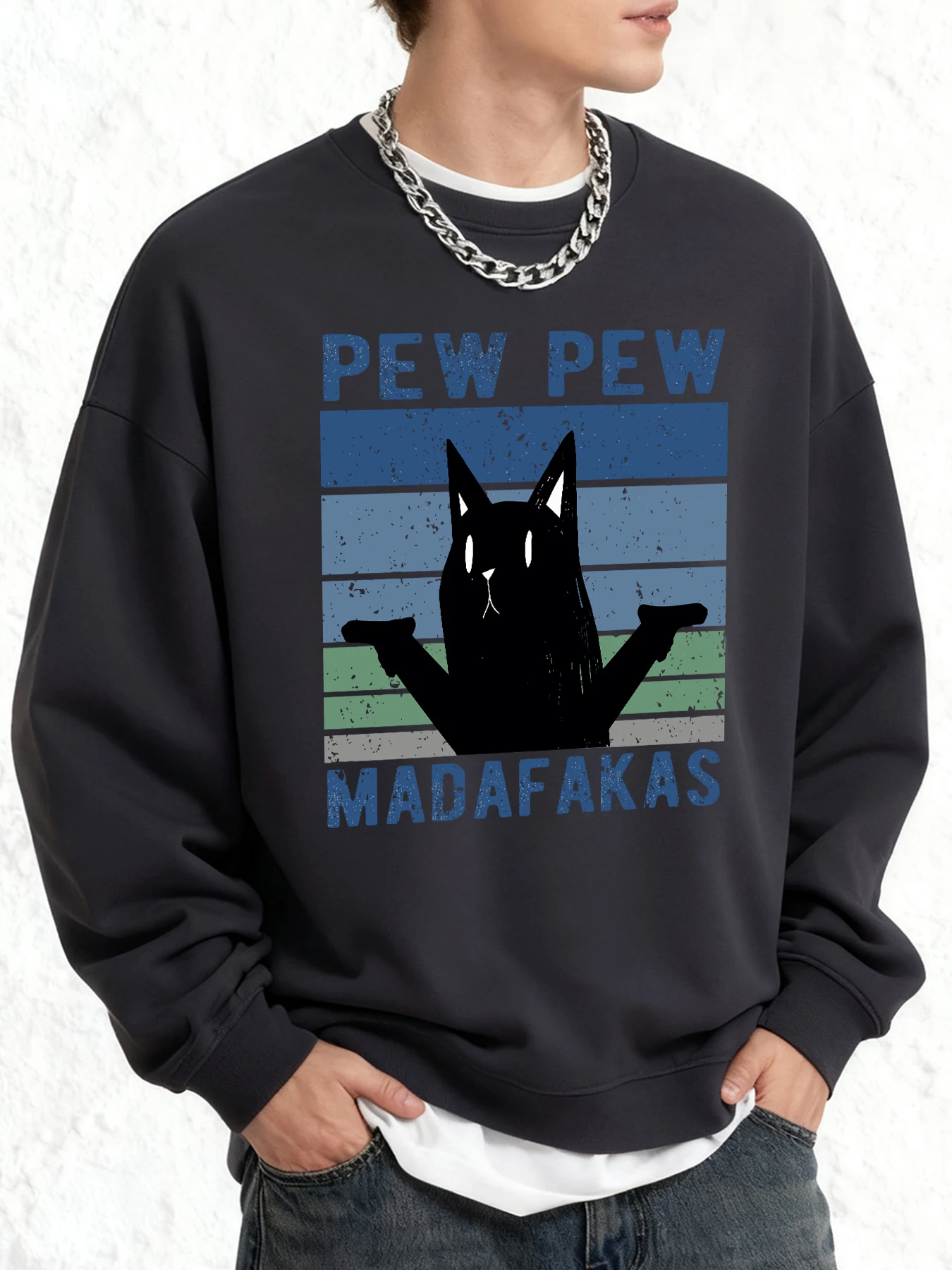 

Madafakas Double Gun Cat Printing Мужская толстовка с круглым вырезом Спортивные рубашки Модные осенние пуловеры Унисекс Винтажная универсальная одежда