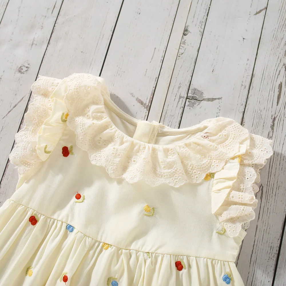 Summer New Baby Girls Dress Lace Crease Round Neck Lace Lace Embroidery Cherry Dress Light Sweet Princess Dress