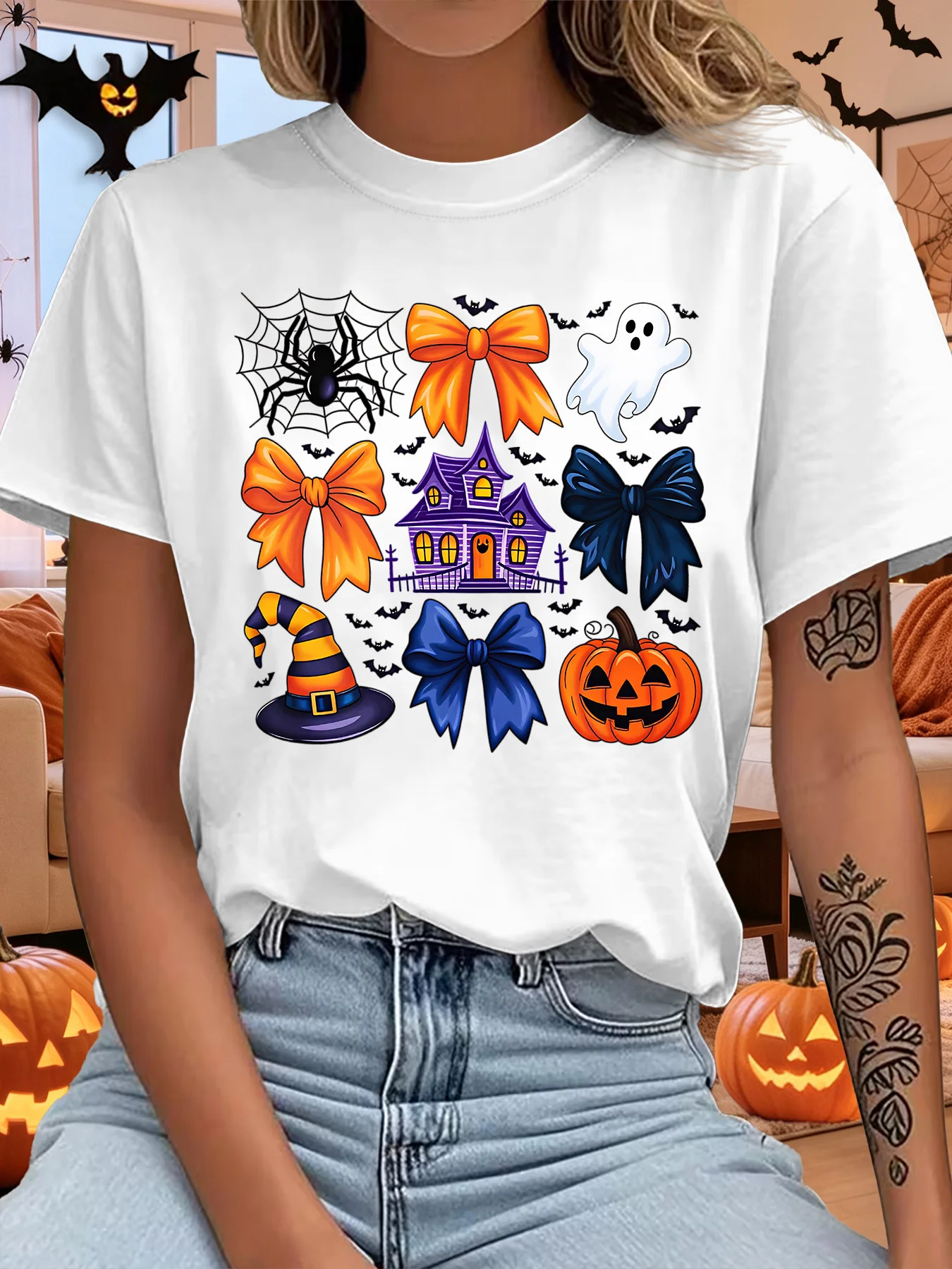 Cute Halloween Bow Spider Ghost Pumpkin Haunted House Art Print Graphic Ladies T Shirt Short Sleeve Crew Neck Casual Tee Tops