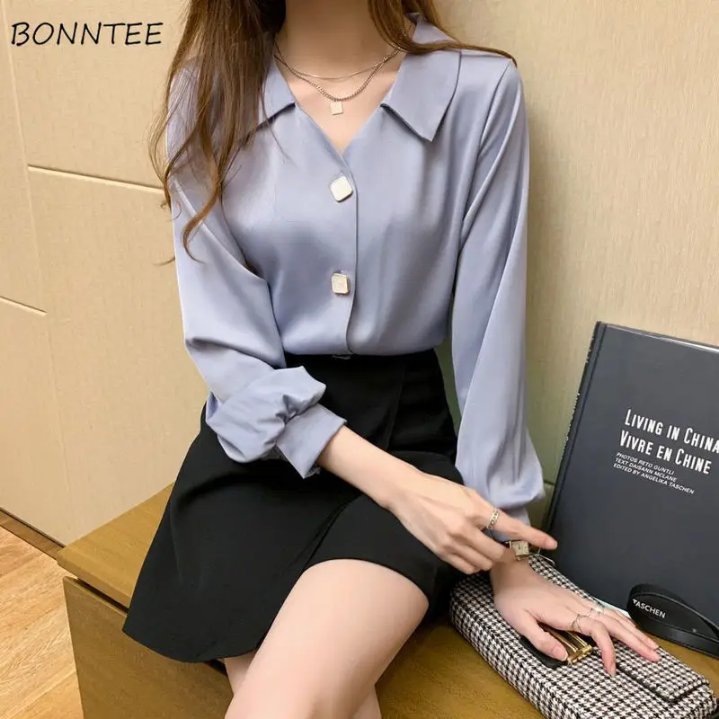 Blouses Women Trendy Chiffon Classy Casual Mujer Unique Aesthetic Solid All-match Lantern Sleeve Tender Baggy Blue Temperament