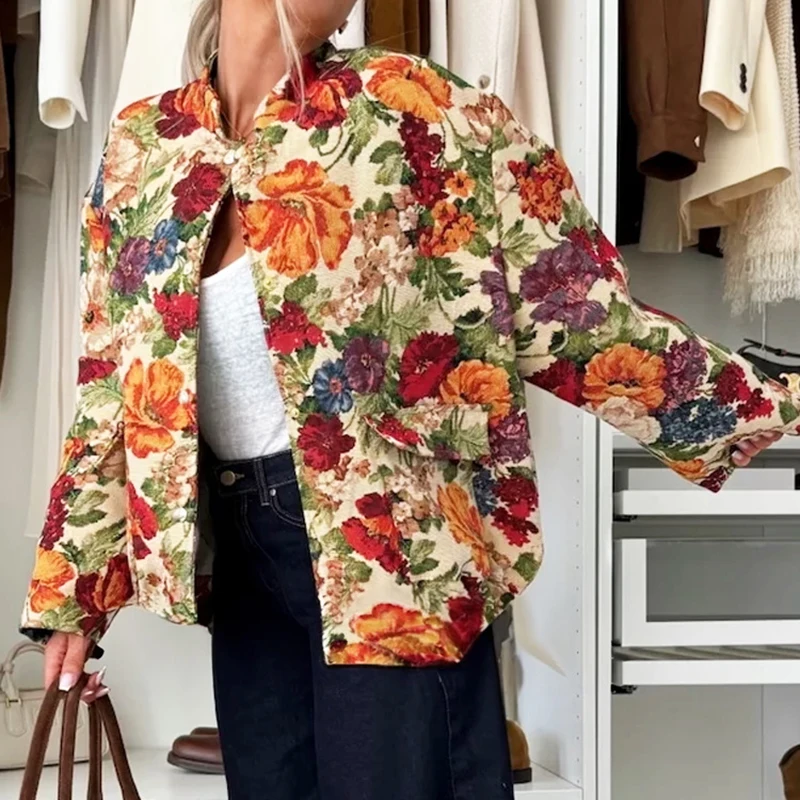Retro Flower Design Vacation Women's Coat Elegant Stand Collar Long Sleeved Office Outwear 2026 Spring New Bohemian Loose Jacket