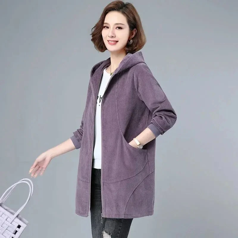 Spring Autumn 2023 New Thin Corduroy Coat 5XL Women\'s Medium long Hooded Jacket Loose Casual Female Zipper Windbreaker Overcoat