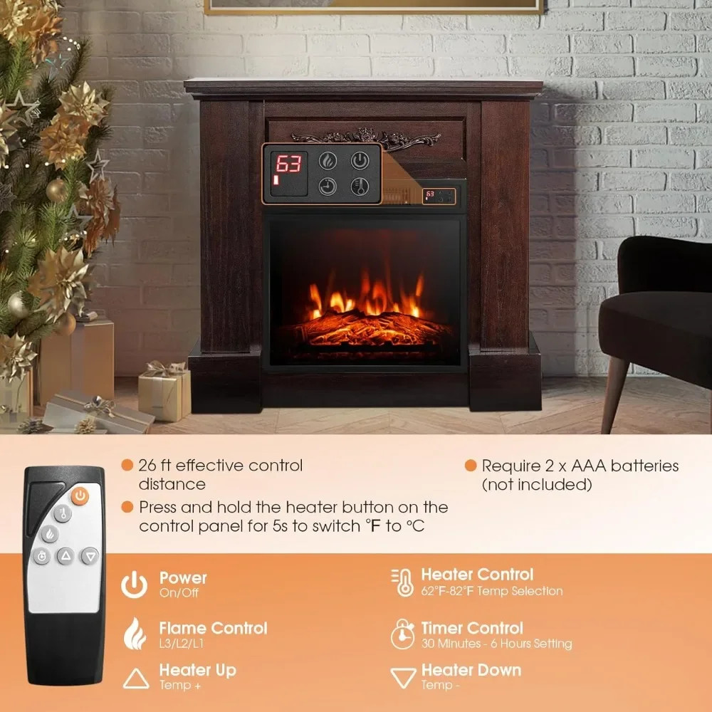 1400W 32 Inches Electric Fireplace with Mantel, Freestanding Fireplace Heater with 3D Flame Effect, Remote Control, Thermostat