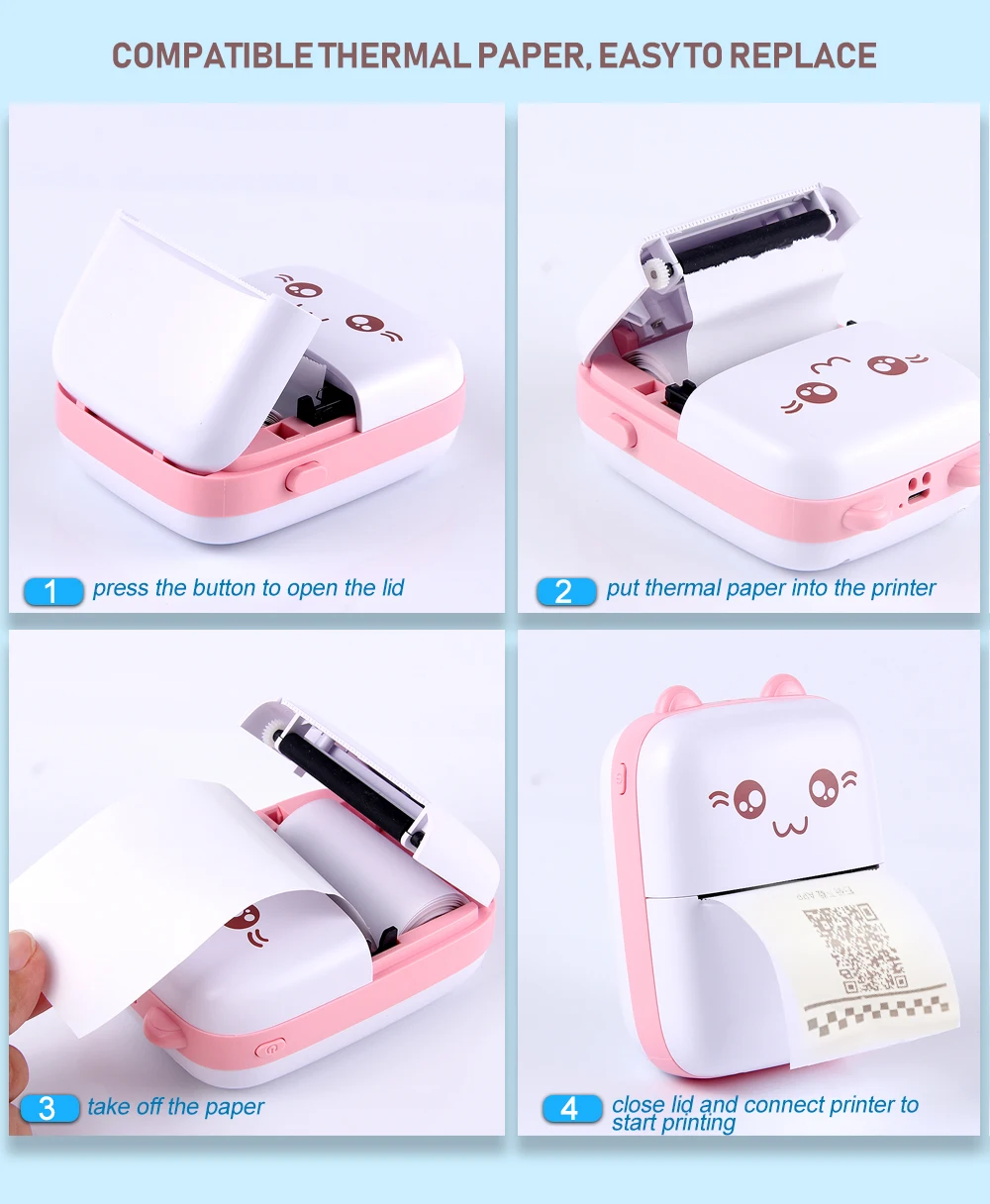 Mini Cat Cute Printer Thermal Paper Price Label Picture Luggage Tags English Learning Bluetooth Printing Pocket Maker For Kid