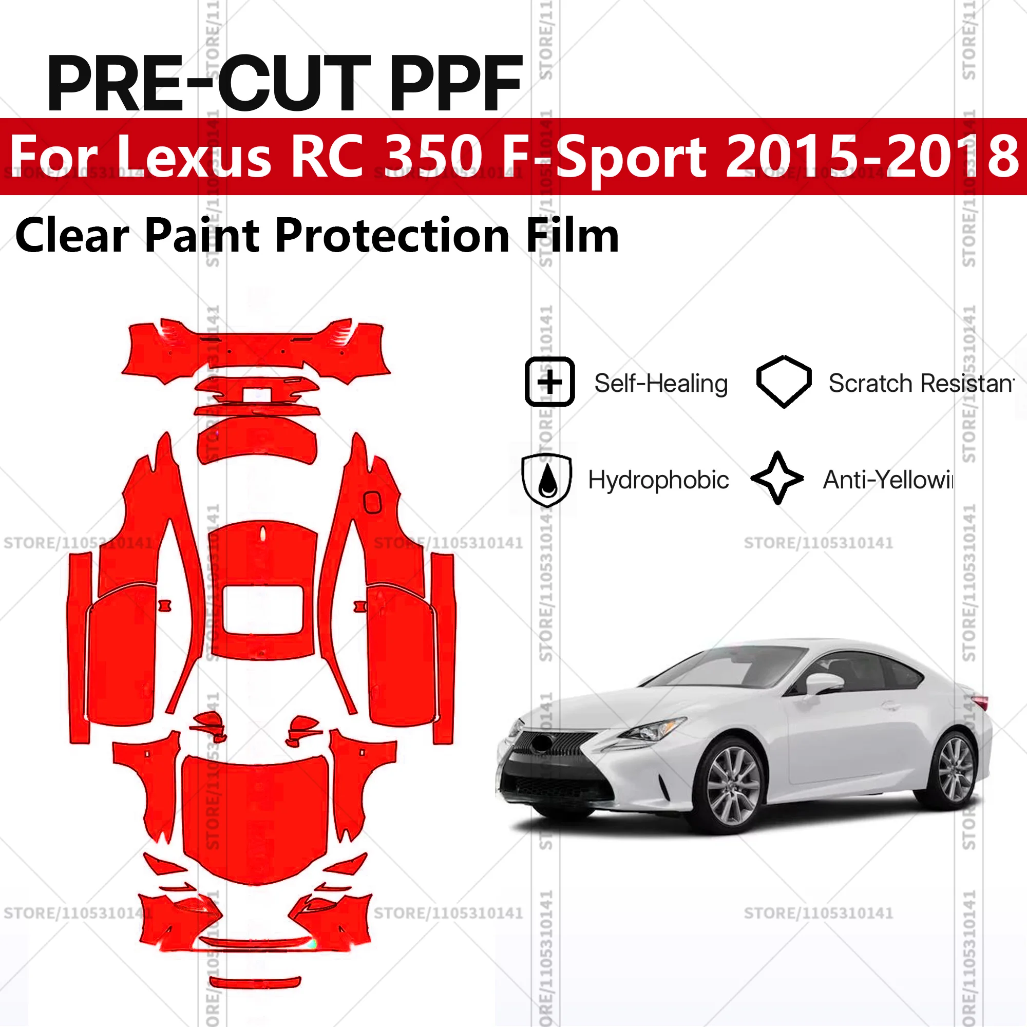 

Для Lexus RC 350 F-Sport 2015-2018: Предварительно вырезанная прозрачная защитная пленка (PPF) для автомобиля, полная защита кузова