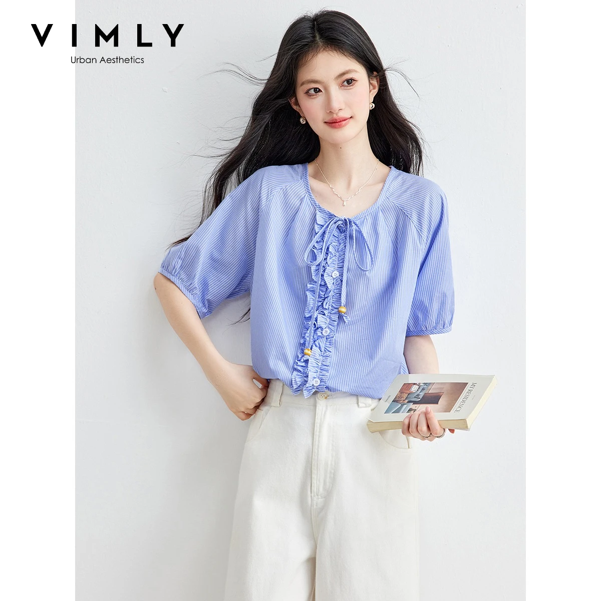 

VIMLY Women's Fashion Blue Striped Shirt Summer 2026 New Lotus Leaf Lace-Up Crew Neck Short Sleeve Top Versatile Blouse 31160