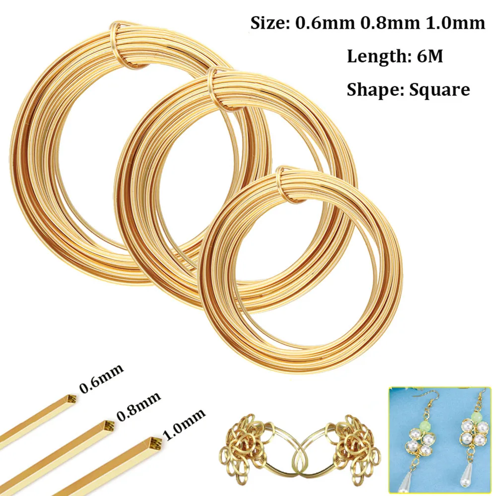 

0,6 мм, 0,8 мм, 1,0 мм, 6 м квадратная медная проволока, мягкая желтая латунная проволока для ювелирных изделий, бисера, работы