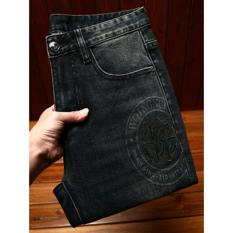 Nieuwe High-End Bedrukte Heren Jeans Mode Lichte Luxe Slim Fit Elastische Retro Vintage Gewassen Casual Street Denim Broek