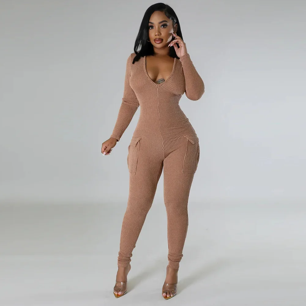 Gebreide Geribbelde Bodycon Jumpsuit Dames Herfst Effen V-Hals Lange Mouw Hoge Taille Zakken Casual Mode Rompertjes Trend Streetwear