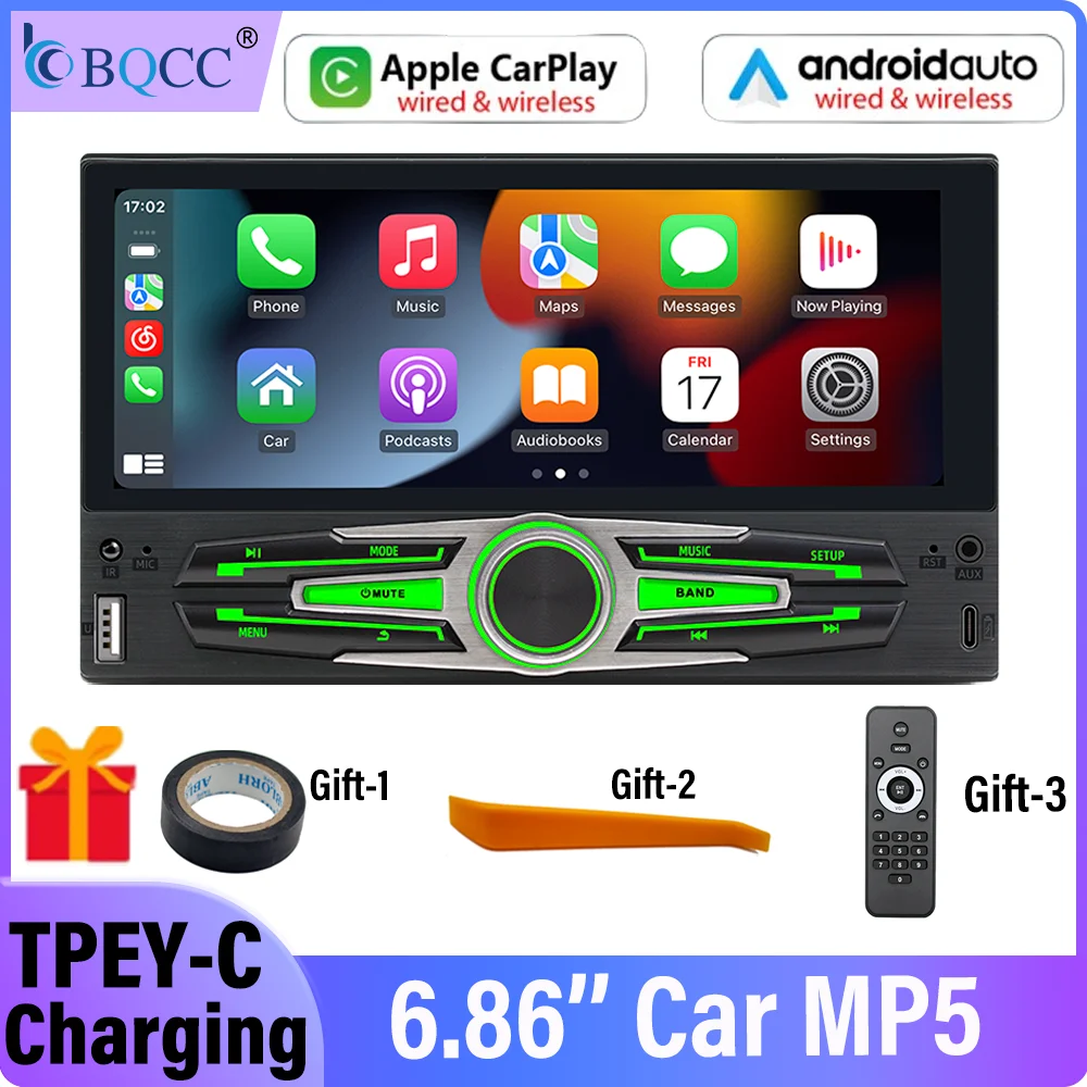 

BQCC 1Din 6.86" IPS HD Screen Car MP5 Player Wireless Carplay Android Auto Tpye-C Charging BT FM Multimedia Smart Car Stereo
