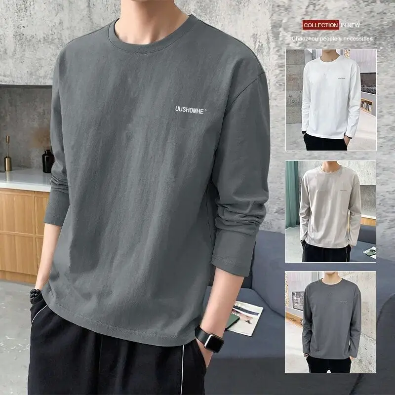 

Pure Cotton Long Sleeved T-shirt Men's Spring Autumn Trend Versatile Loose Autumn Clothes Men's Inner Layer Bottom Shirt