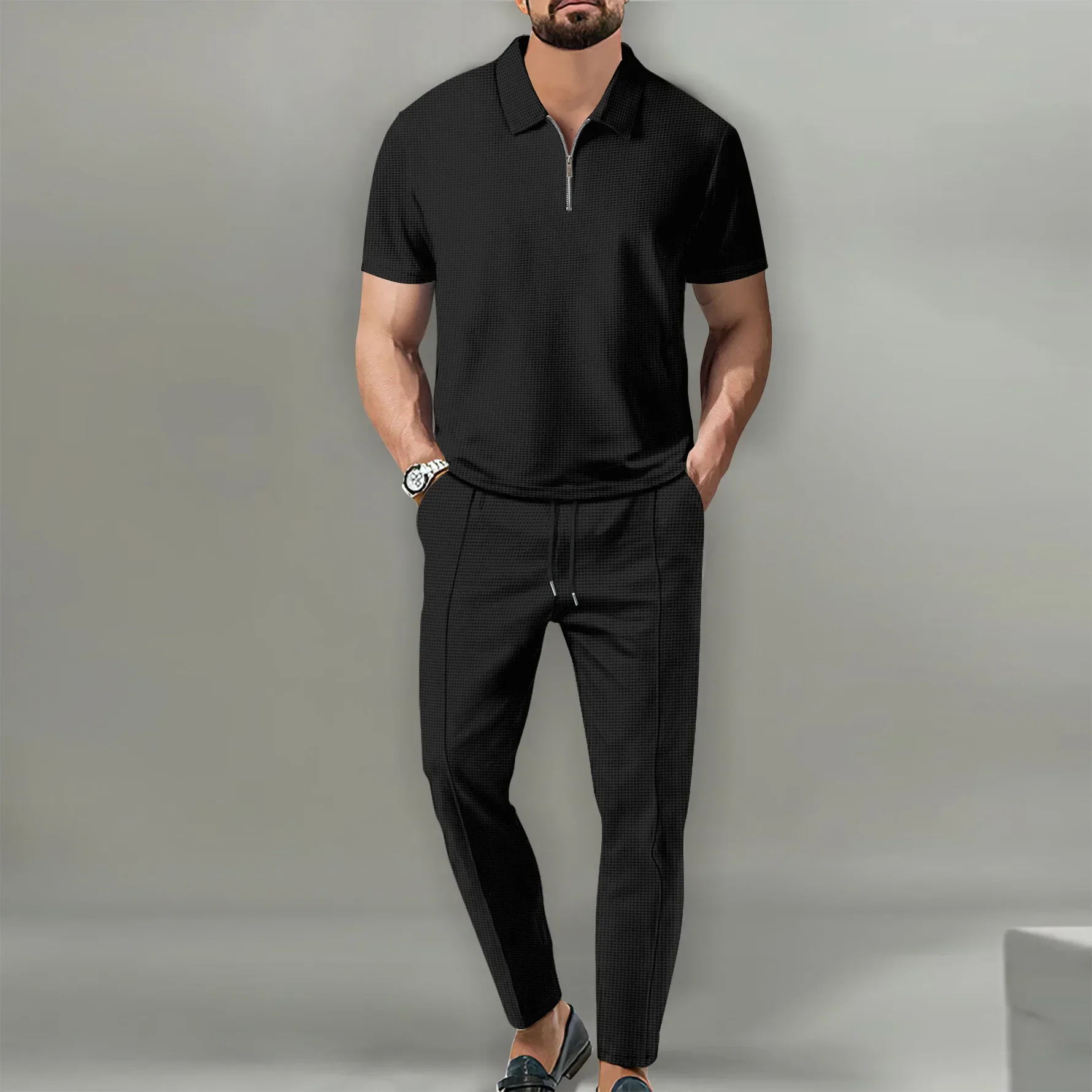 2026 Autumn New European and American Men's Solid Color Leisure Suit Waffle Collar Short-sleeved Zipper Pants Suit
