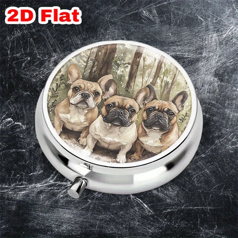 Single unit, flat, round three-compartment box, featuring a three bulldog pattern design, with a push-open mechanism, suitable for storing mobility aids and daily essentials, offering a warm and joyful aesthetic experience