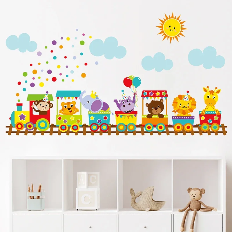 Cartoon Cute Animals Train Sun Clouds Wall Stickers for Kids Room Baby Nursery Room Wall Decals Home Decorative Stickers Decor