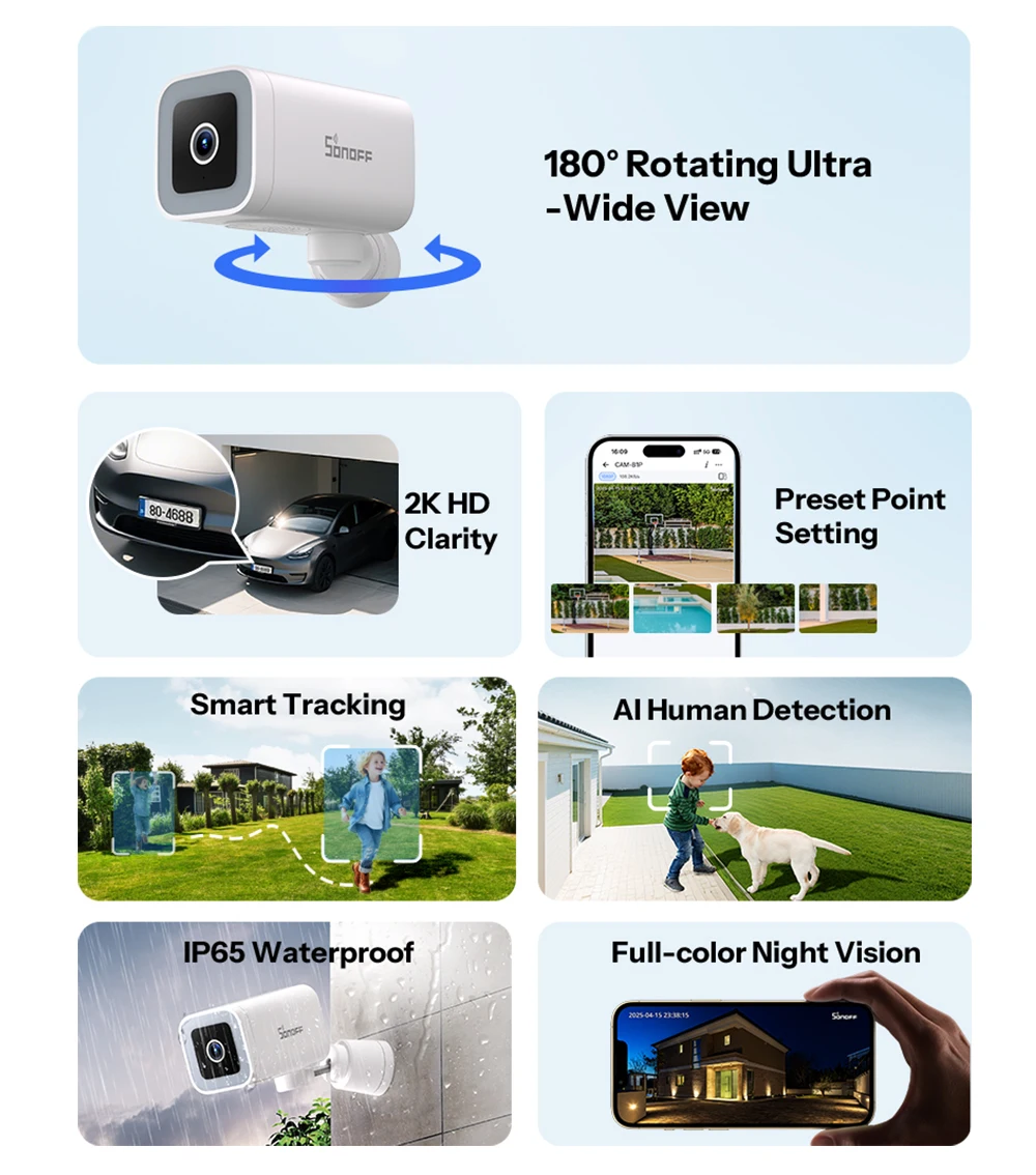 SONOFF CAM-B1P Intelligente Überwachungskamera für den Außenbereich, 2K HD mit KI-Menschenerkennung, IP65, wetterfest, 180 ° Schwenksteuerung Alexa Google Home – Detail 2