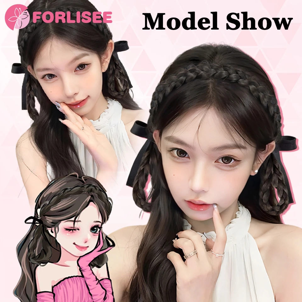 FORLISEE Synthetic Bun Wig Bow Ear Rabbit Headband Style Braid Double Bun Braided Headdress Wig Bun