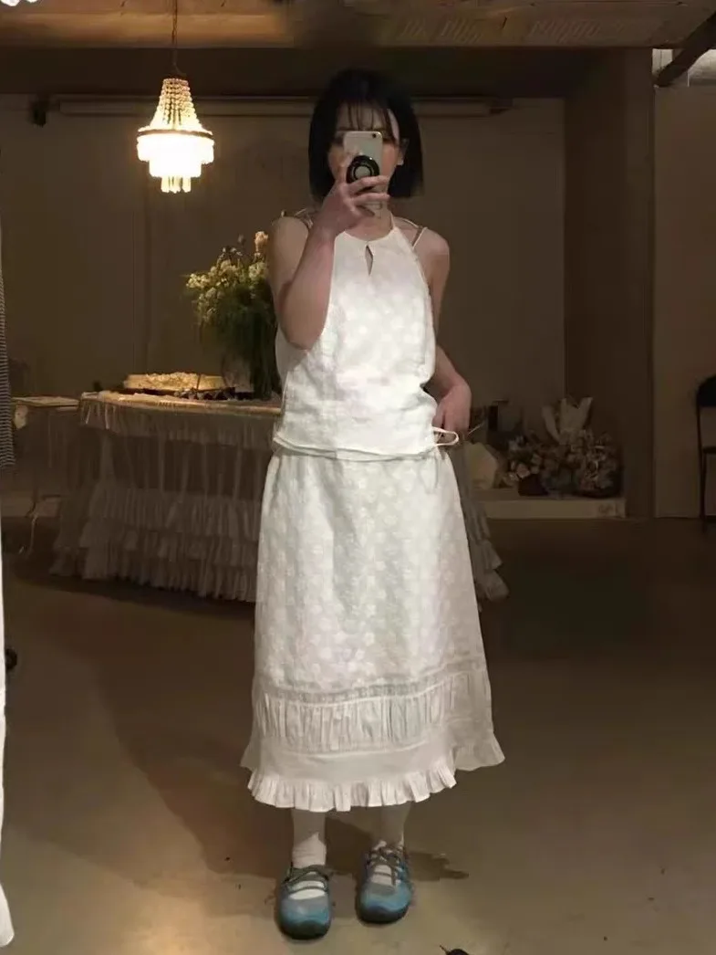 

Fletta Women's Summer Outfit ort Sve round Ne Neline Embroidery Thin Strap Vest And f Skirt Set Cotton M...