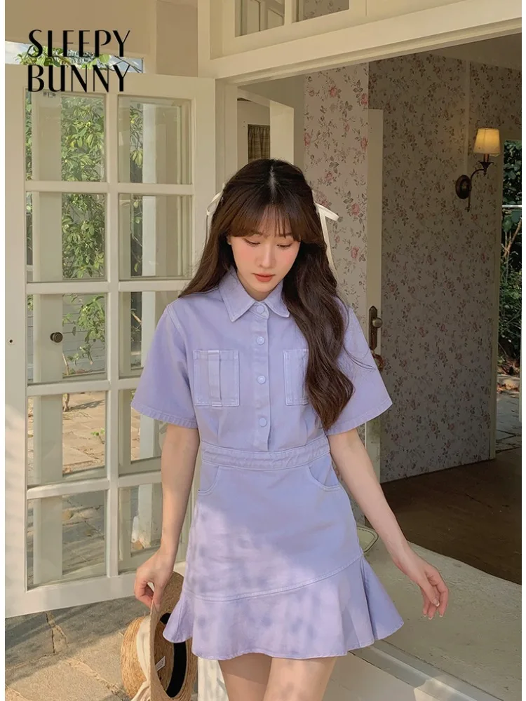 

Cute Casual Slim Denim Short Dress Women Lavender Ruffle A-Line Mini Dress Summer Petite High Waist Outfit with Short Sleeves