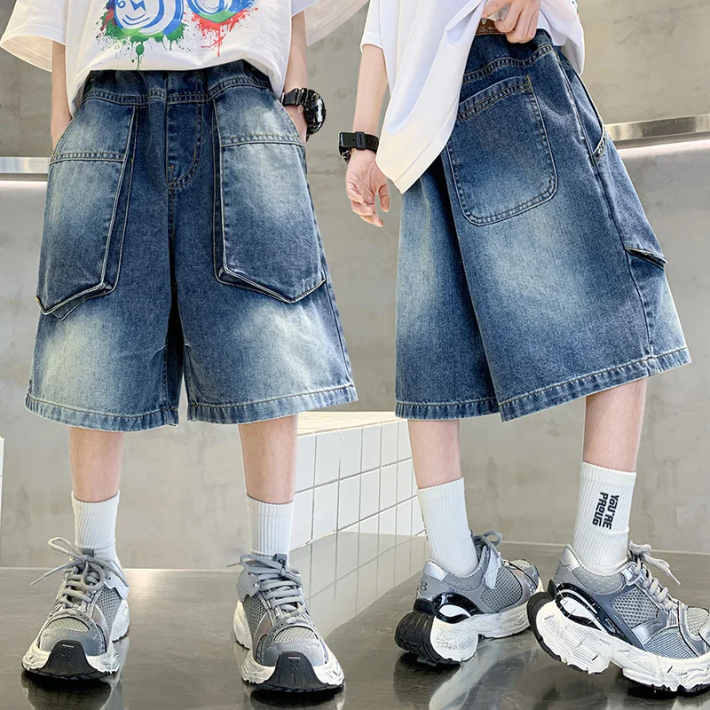 New Fashion Kids Child Unique Designer Summer Denim Shorts with Pocket for Teens Boy Casual Jeans Cargo Shorts 5 7 9 11 13 14 T