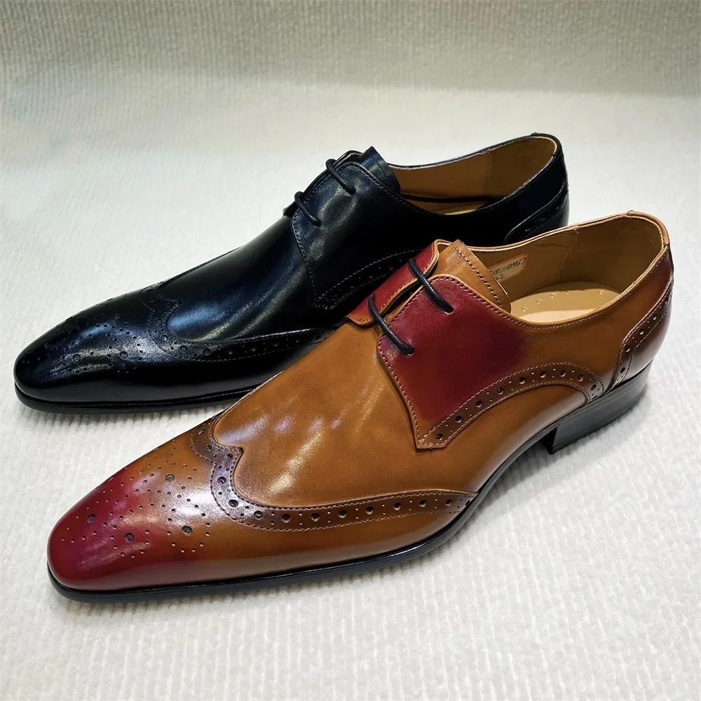 Brown Genuine Leather Brogue Shoes Handmade Casual Oxfords Breathable Lace-Up Dress Shoes Spring Autumn Fashion Size 39-46