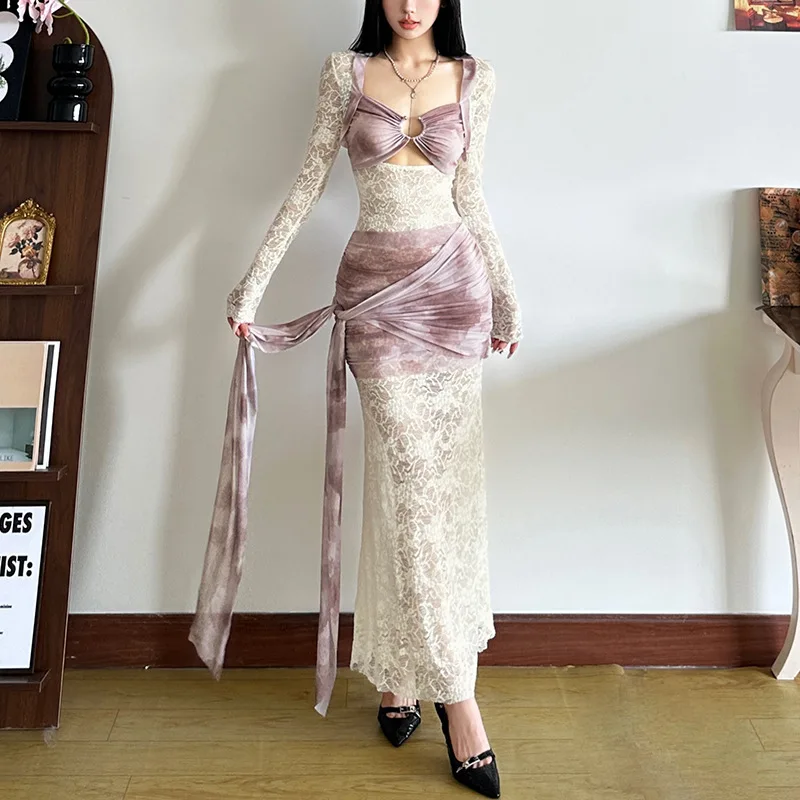 

High Waist Slim Fit Long Sve Faion Dr Autumn Winter New Sle Square Collar Bodycon Dr Pure Color a Line Skirt